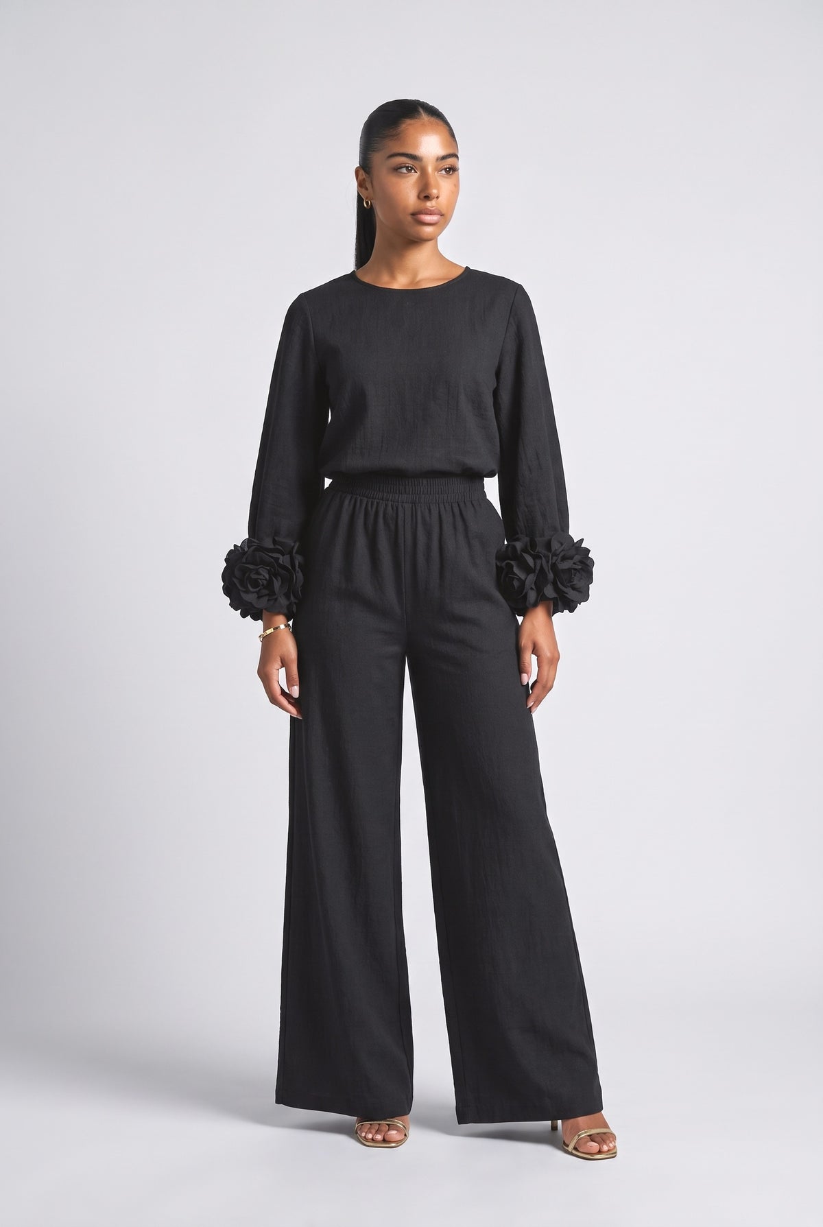 Floral Long Sleeve Outfit Set, black