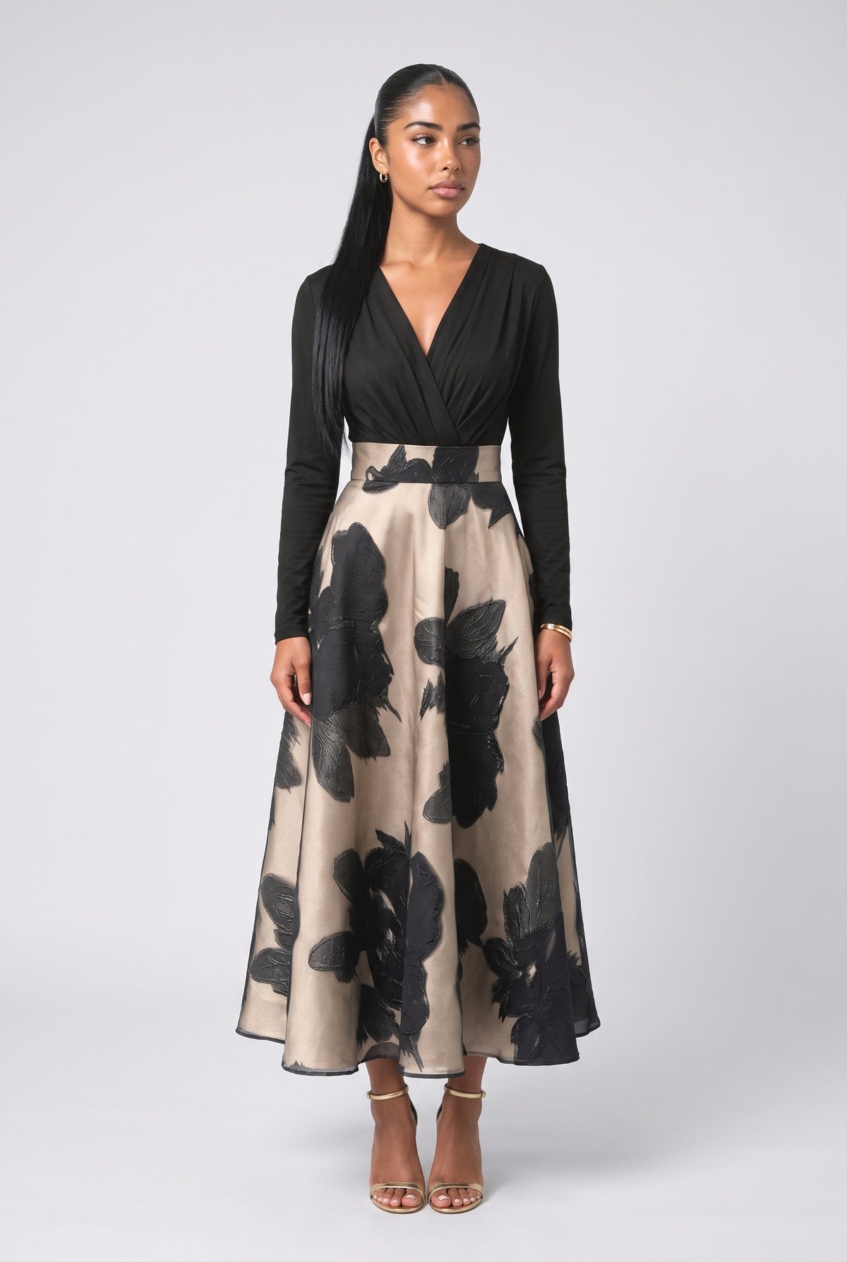 French Jacquard Midi Skirt Two-Piece Set, black