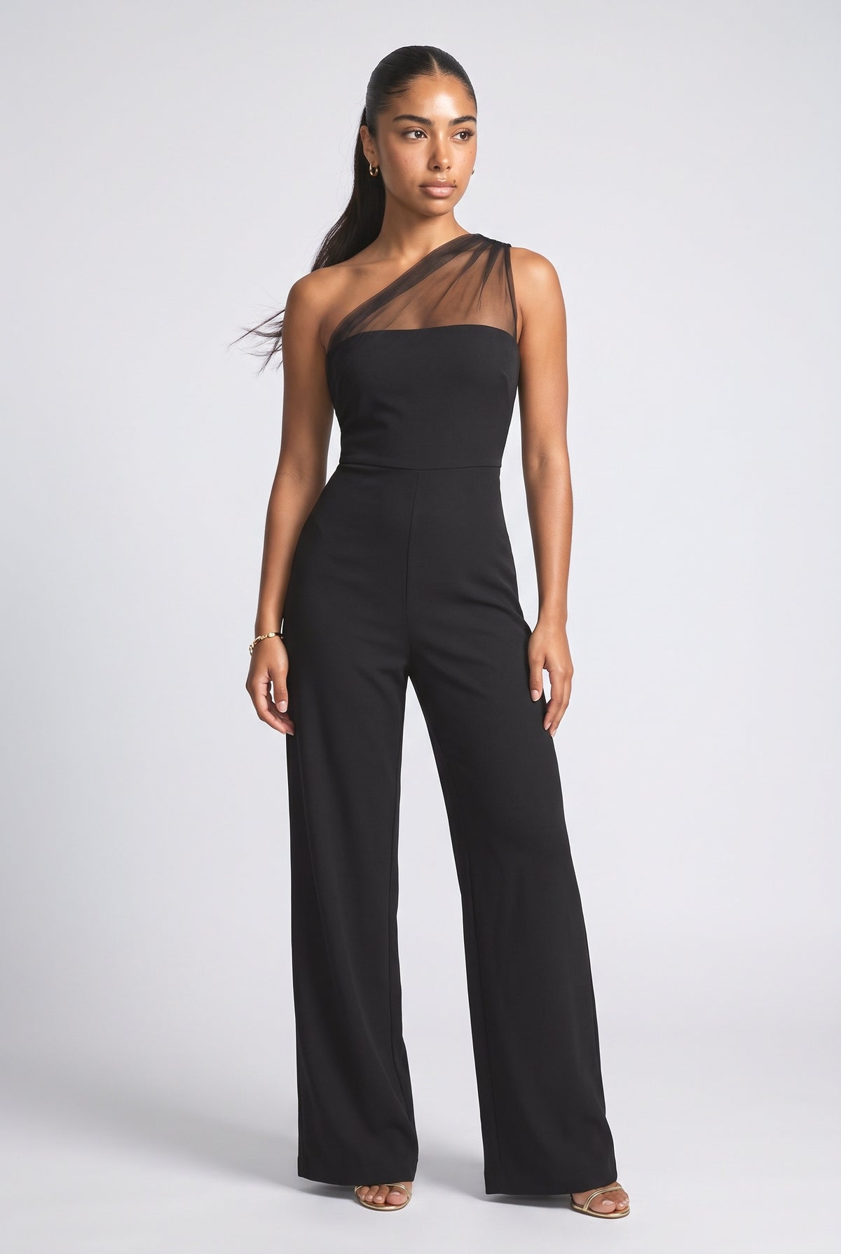Black Mesh One-Shoulder Jumpsuit, black