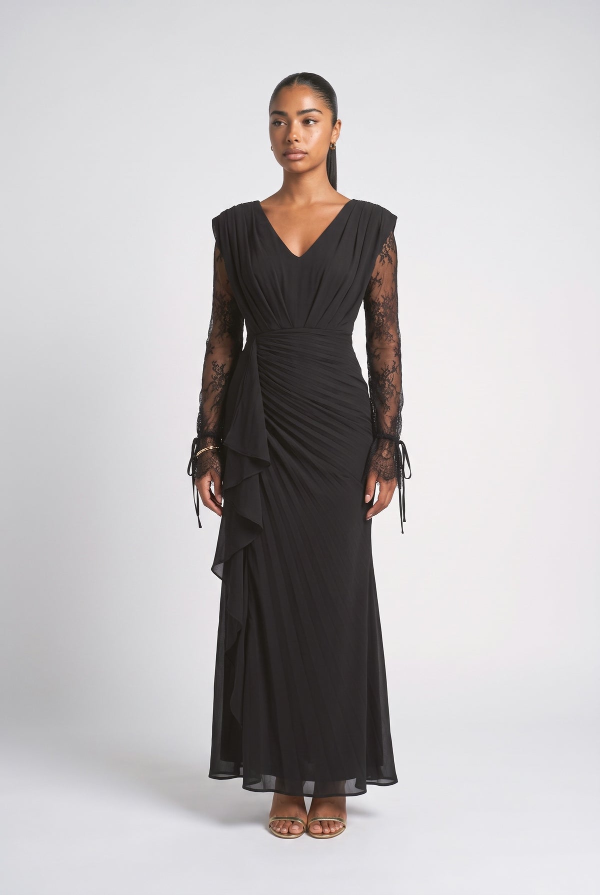 Black Lace Pleated Maxi Dress, black