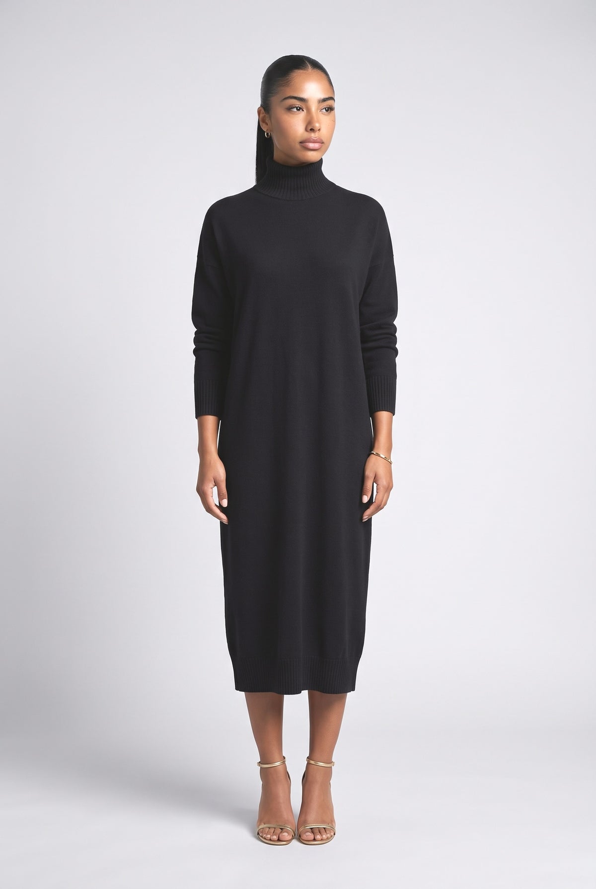 Knit High Neck Relaxed Midi Dress, black