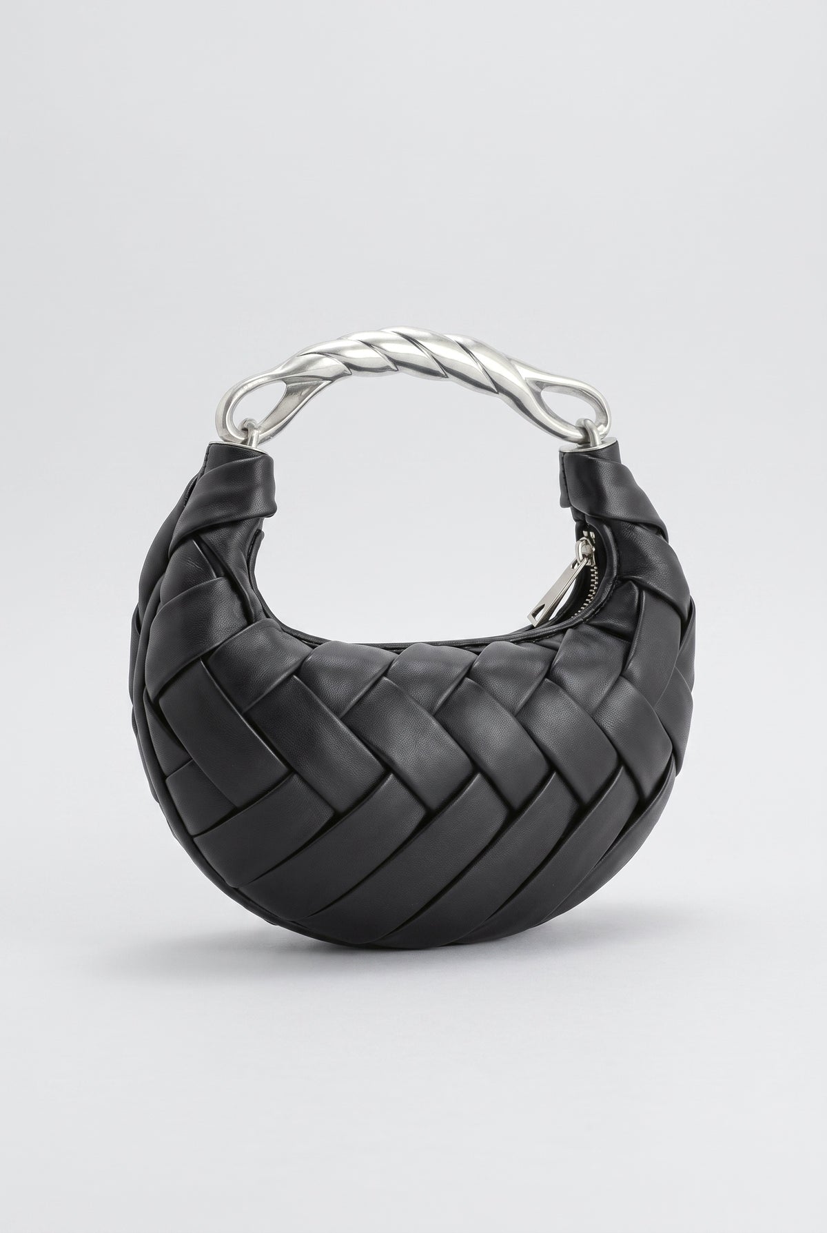 Metal Handle Woven Shoulder Bag, black