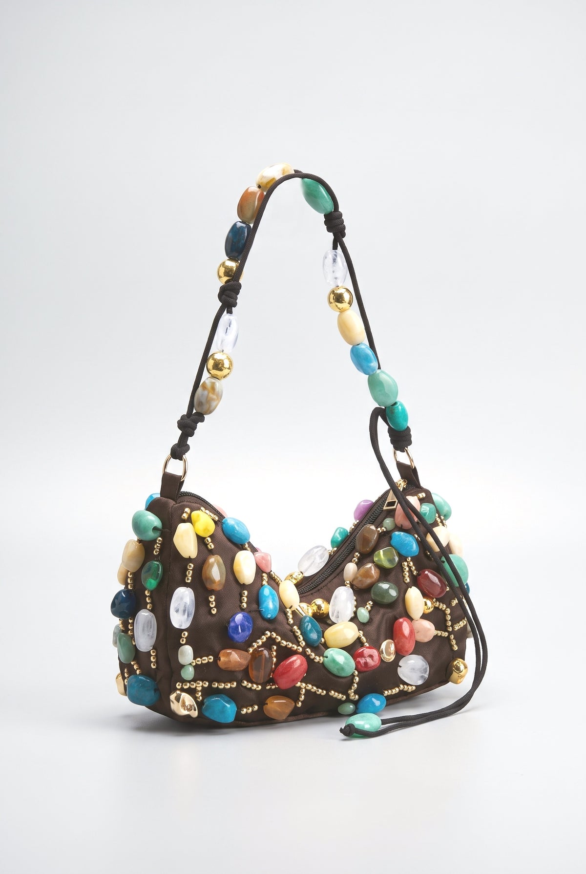 Bohemian Multicolor Stone Beaded Hobo Underarm Shoulder Bag, black
