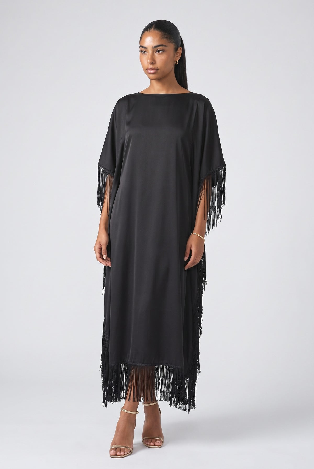 Black Satin Fringe Maxi Dress, black