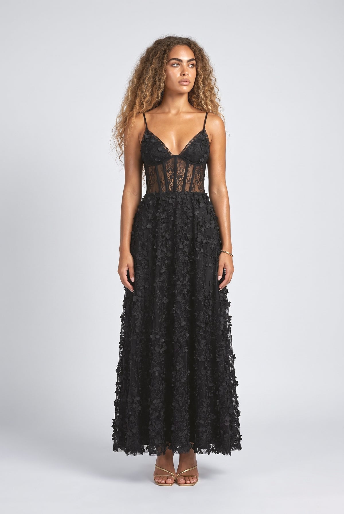 Black Floral Lace A-Line Maxi Dress, black