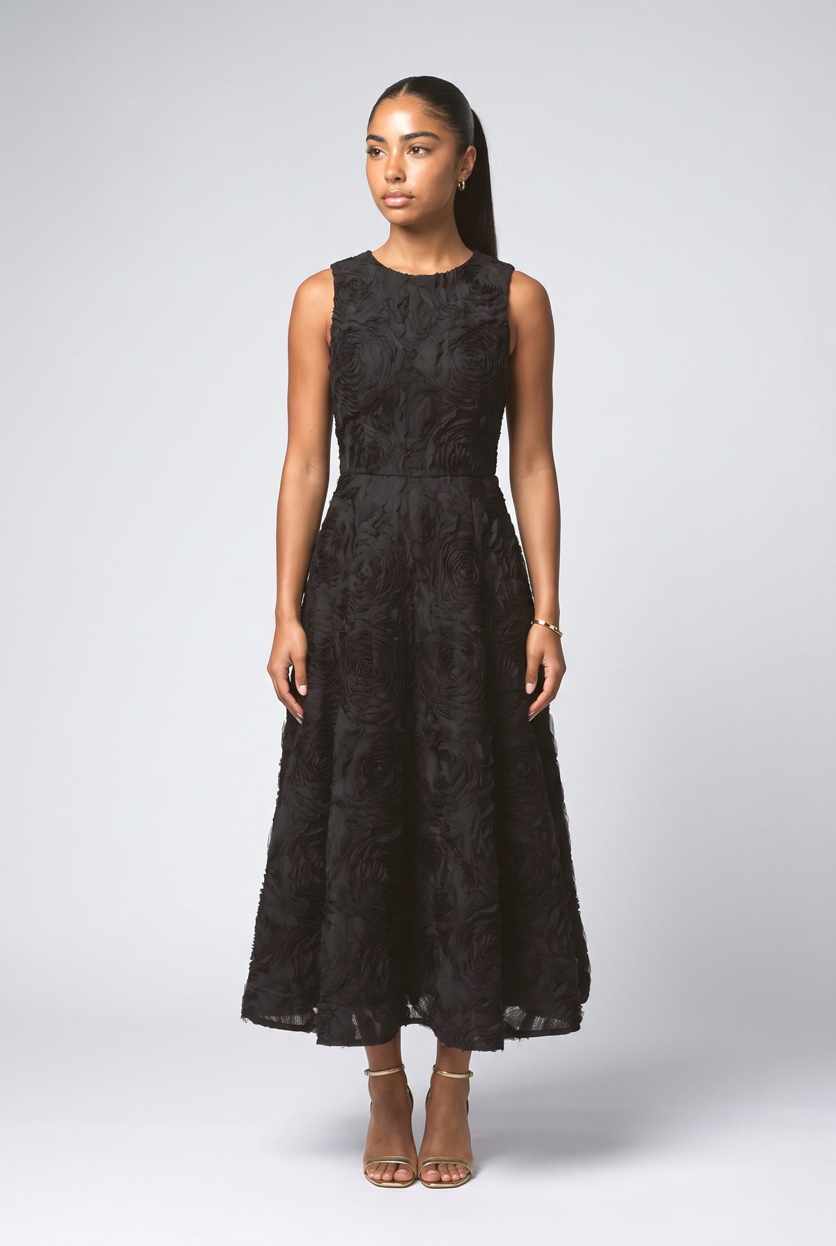 Floral Lace Sleeveless Midi Dress, black