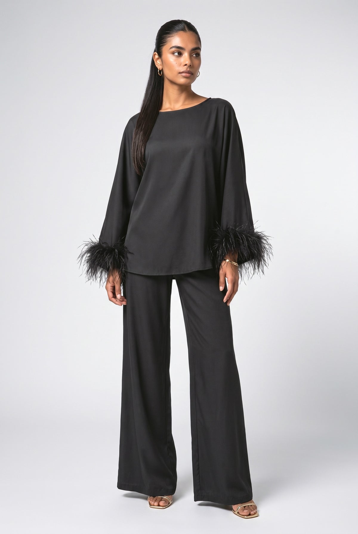 Batwing Sleeve Feather Trim Outfit Set, black