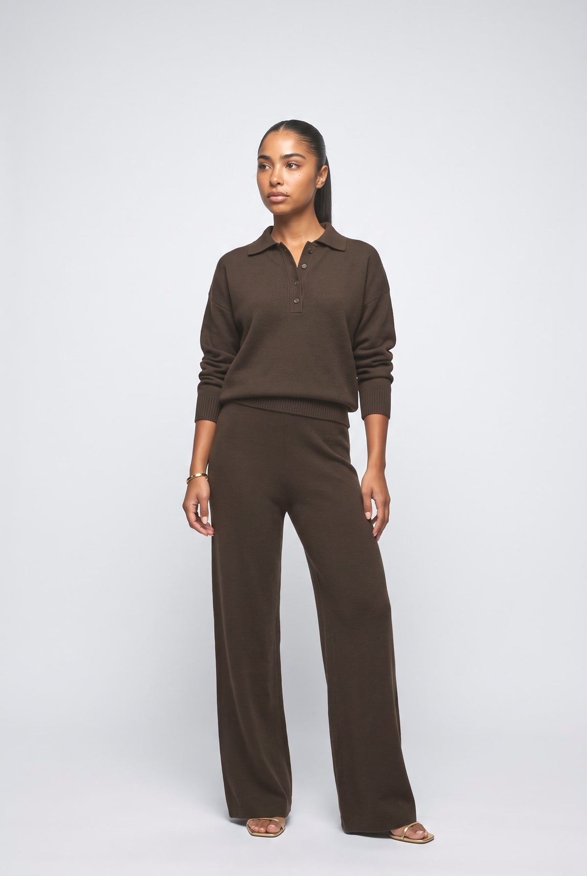 Polo Neck Knitted Pullover Wide Leg Pants Two-Piece Sets, black