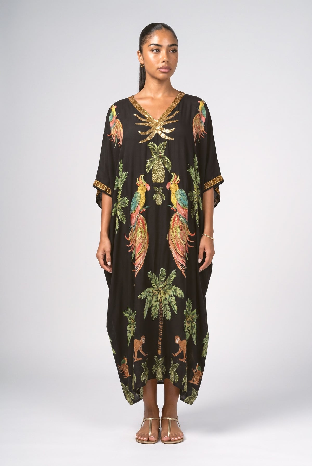 Drop Shoulder Sleeve Coconut Tree Printed Dress, black