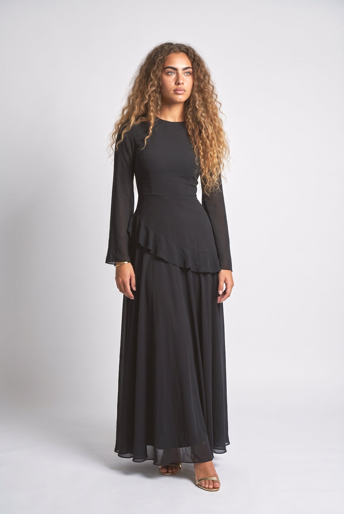 Ruffled Long Sleeve Maxi Dress, black