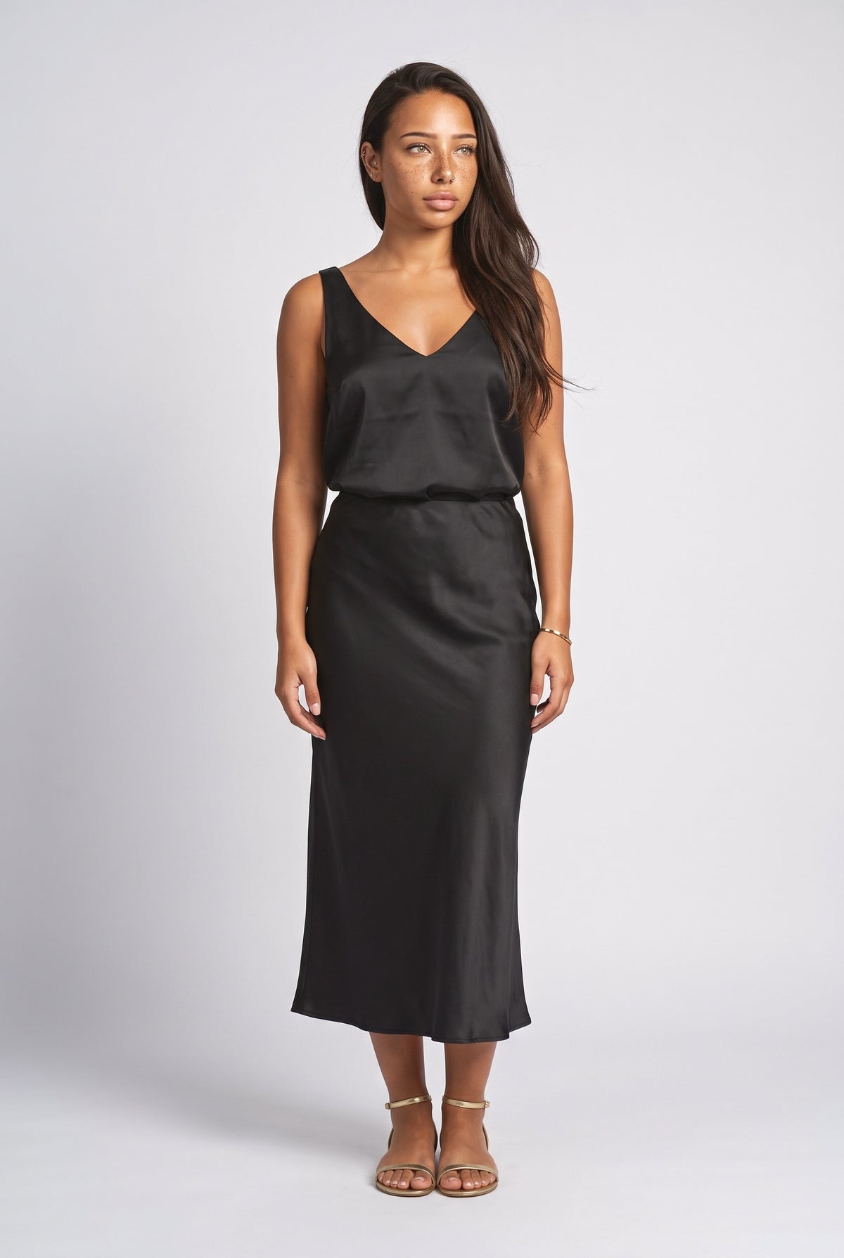 Satin V-Neck Outfit Set, black