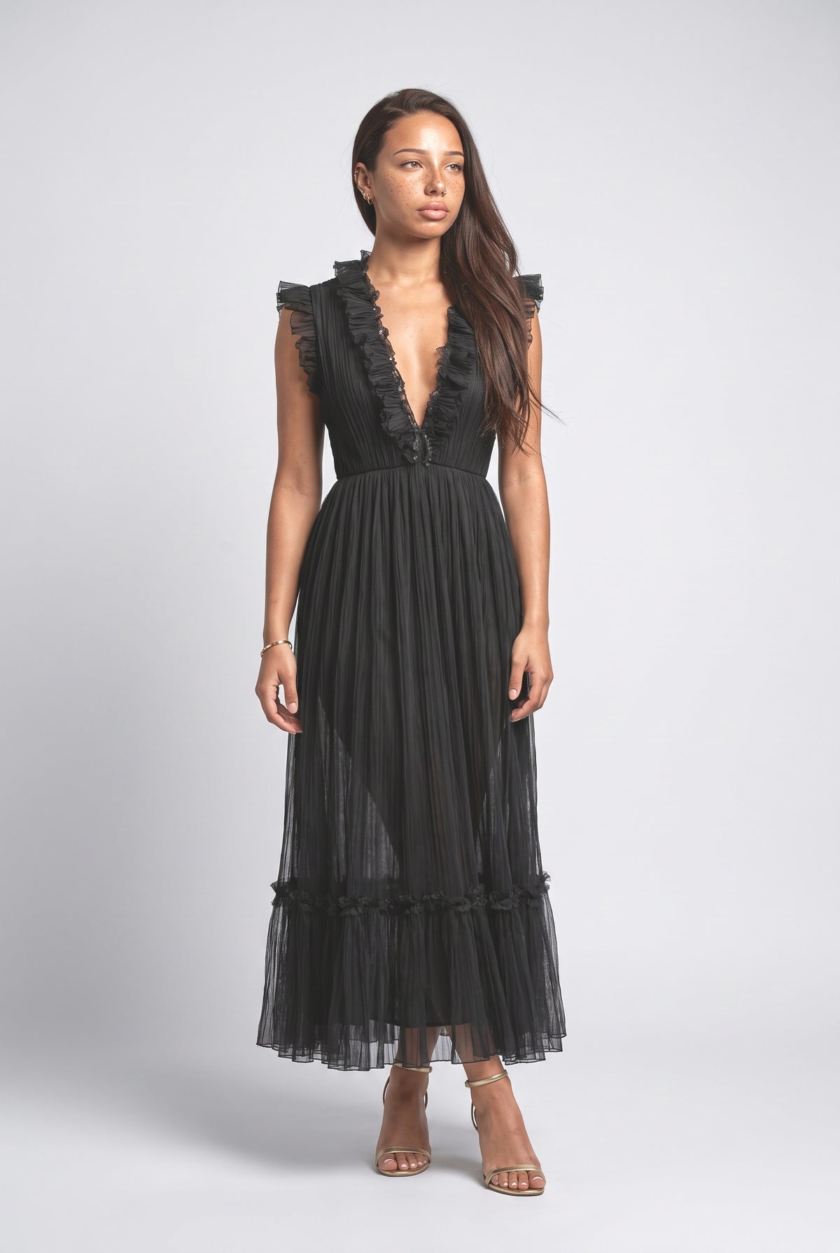 Black Tulle Ruffle Maxi Dress, black