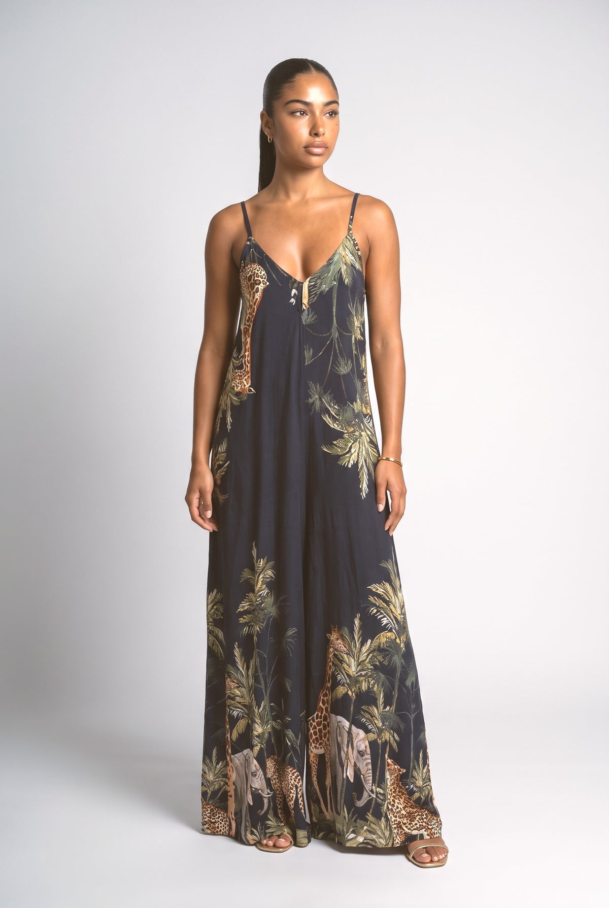 Tropical Sleeveless Jumpsuit, black