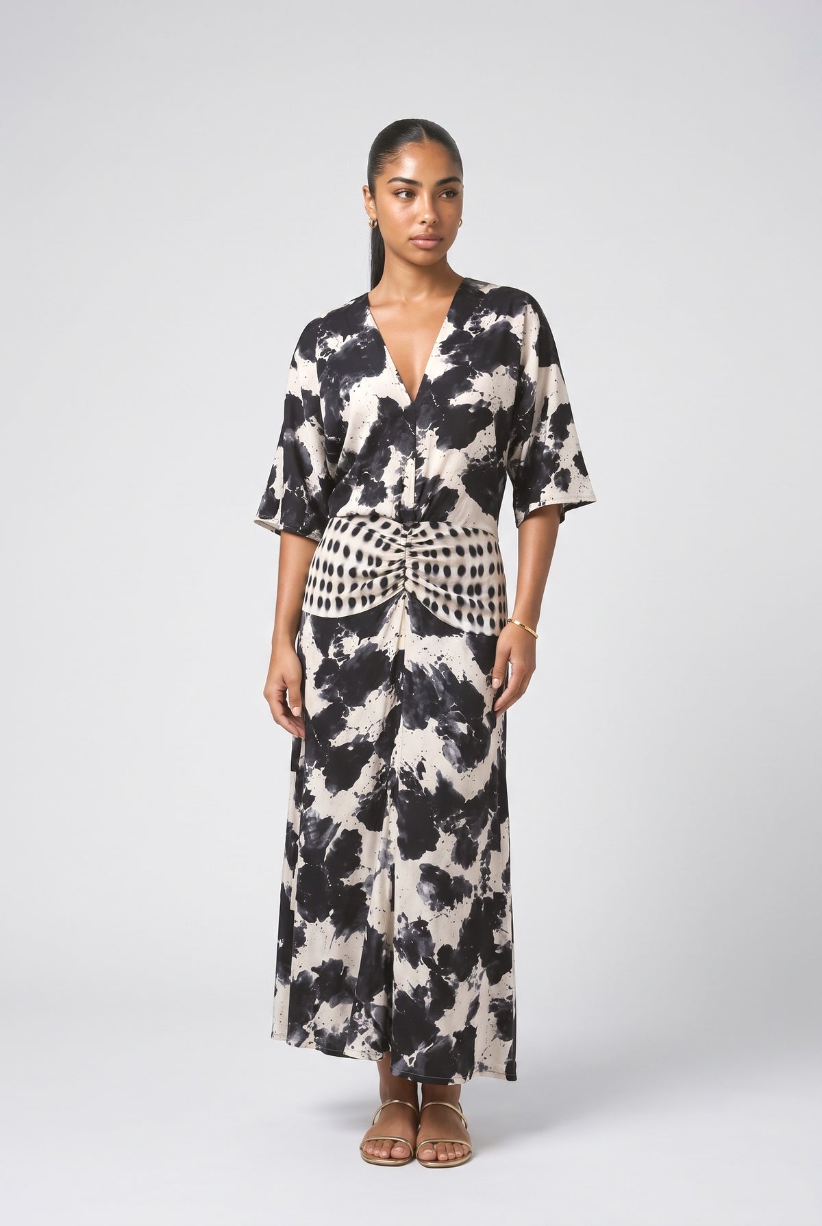 Abstract Tie-Dye Print Kimono Sleeve Maxi Dress, black