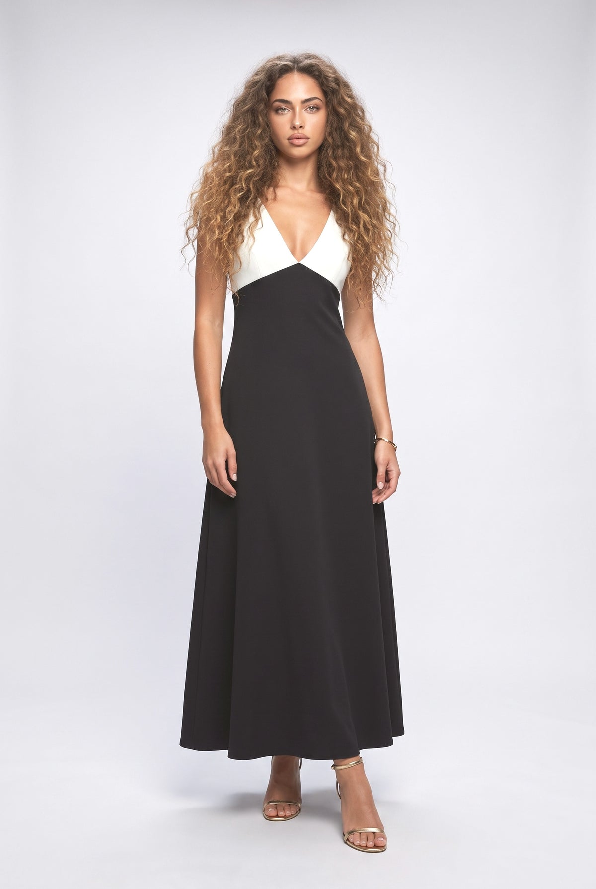 Colorblock V-Neck A-Line Maxi Dress, black