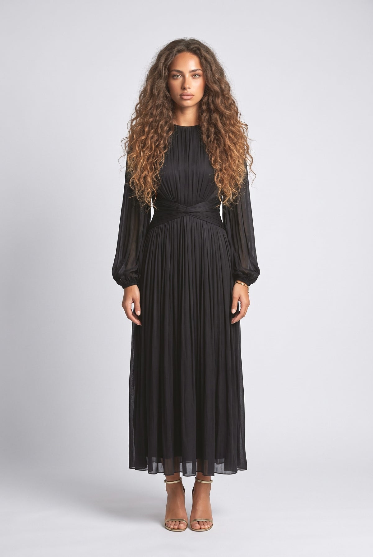 Pleated Flowy Long-Sleived Maxi Dress, black