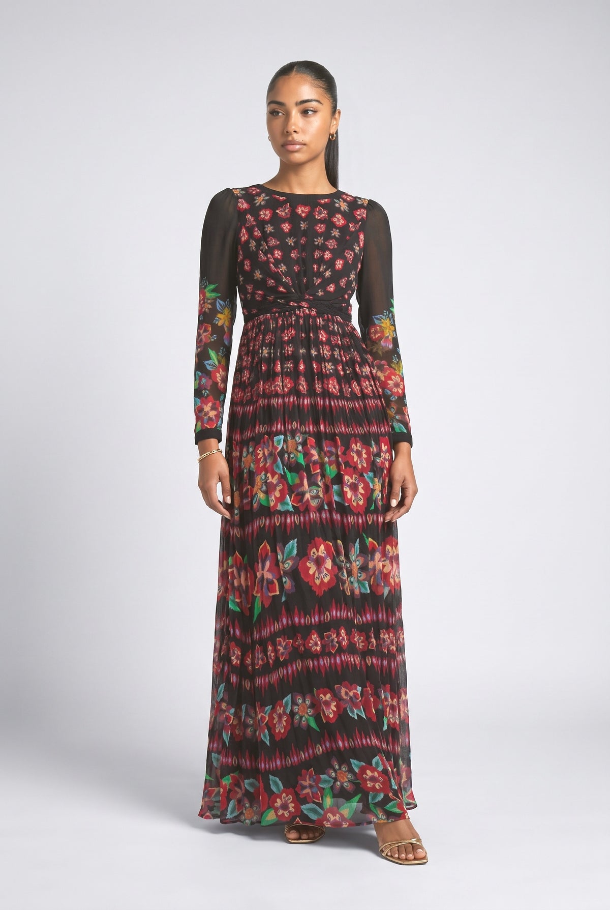 Black Floral Pleated Maxi Dress, black