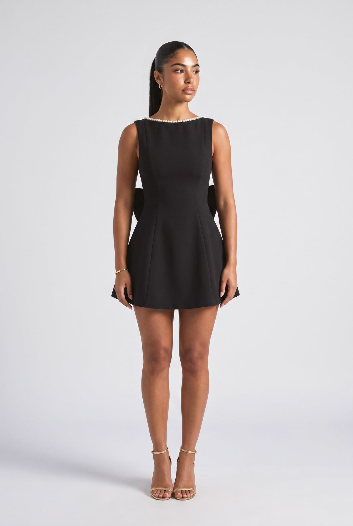 Pearl Bow Fitted Mini Dress, black