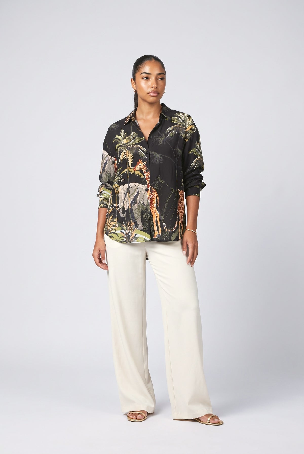 Jungle Print Loose Button-Down Shirt, black