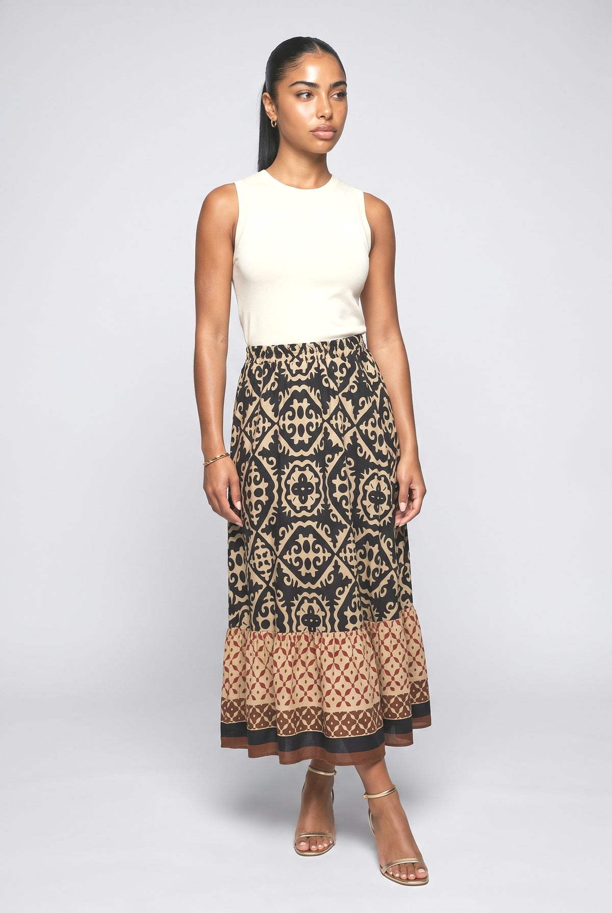 Print Stitching Swing Skirt, black