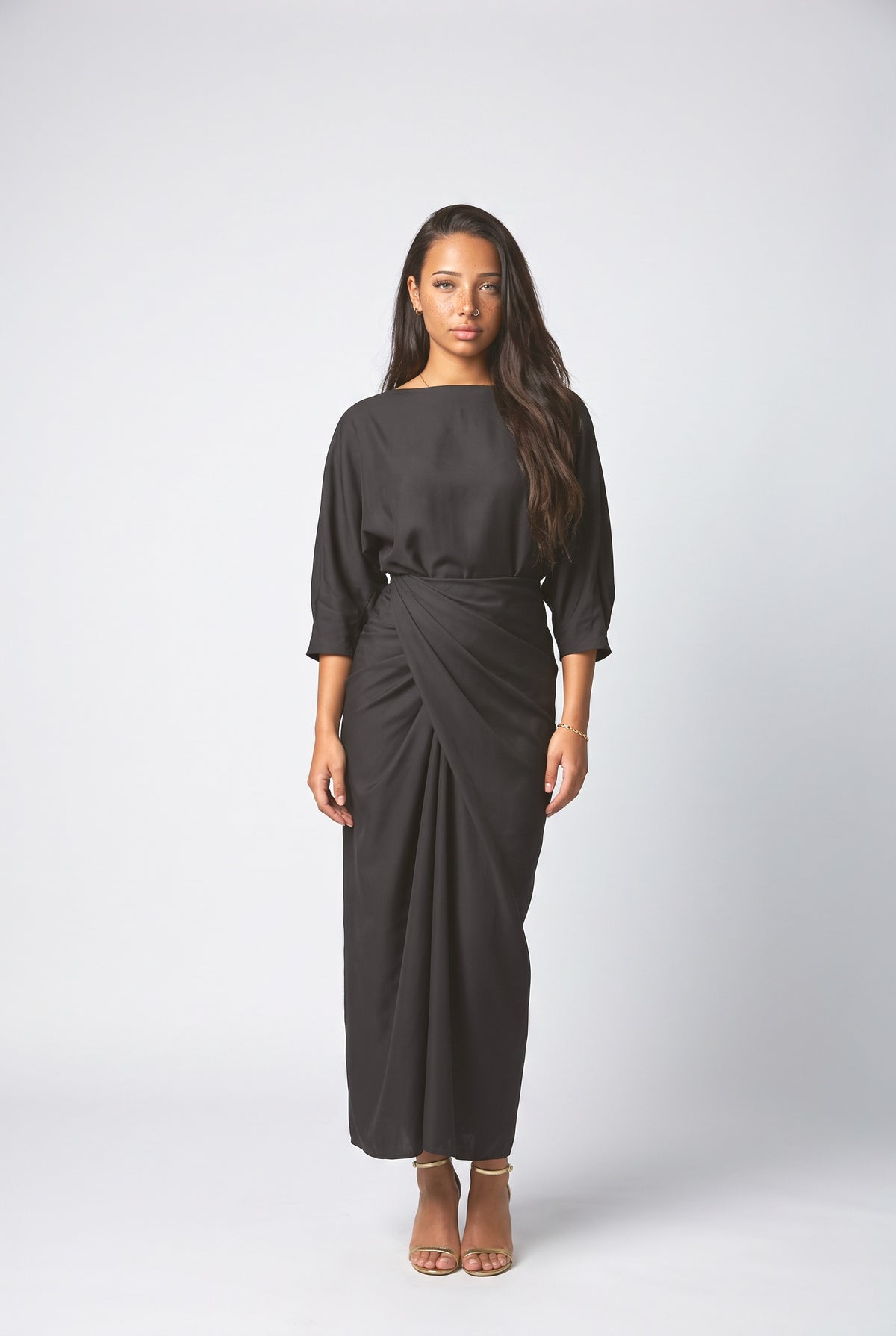 Pleated Long Dress Two-piece Set, black
