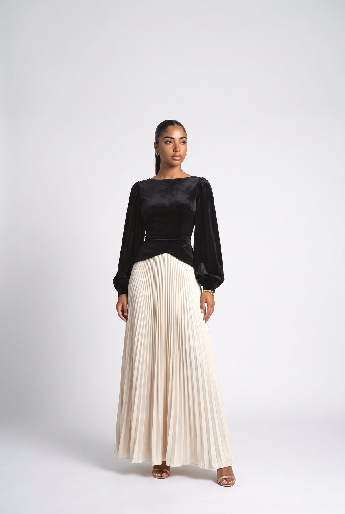 Black Velvet Pleated Maxi Dress, black