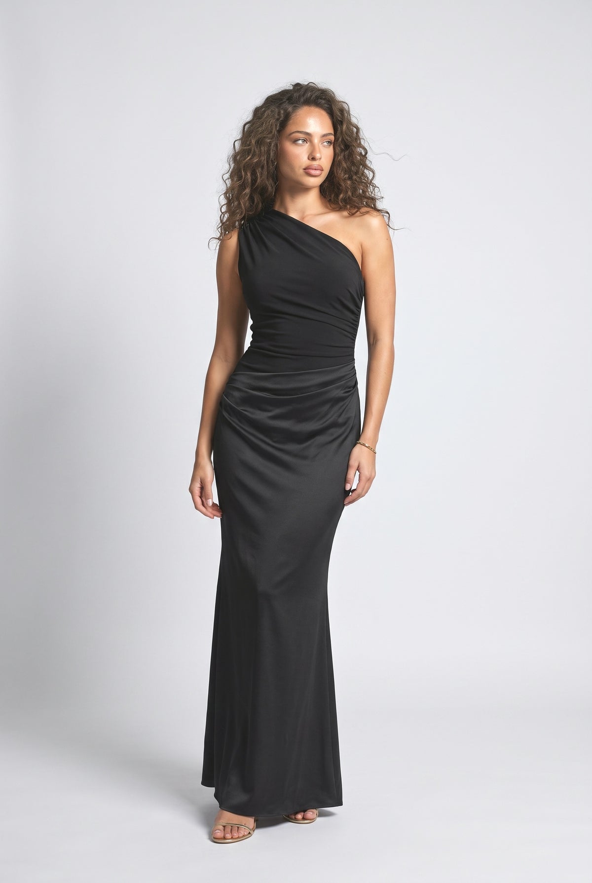 One Shoulder Neck Pleated Party Maxi Dress, black
