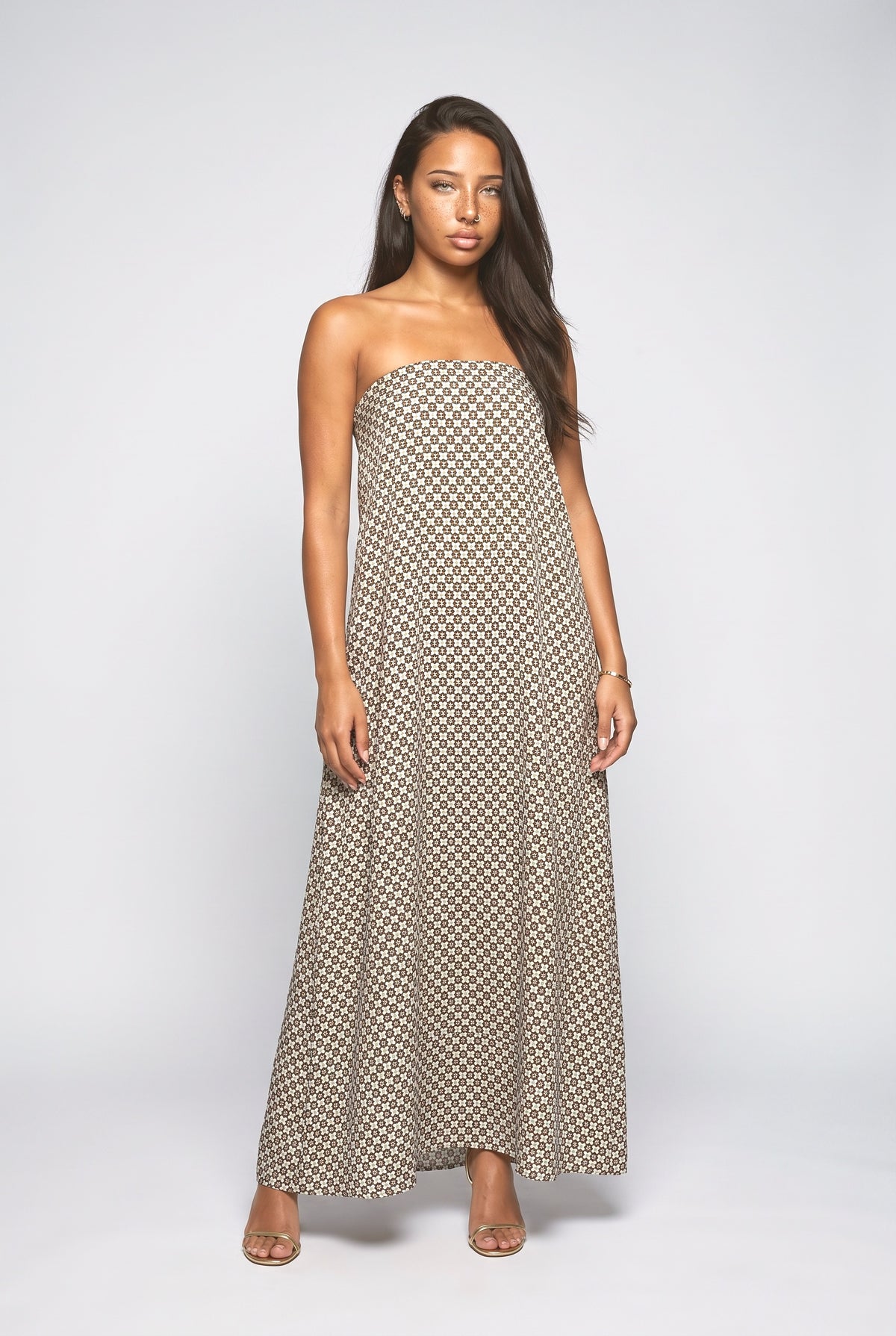 Diamond Print Bohemian Maxi Dress, black