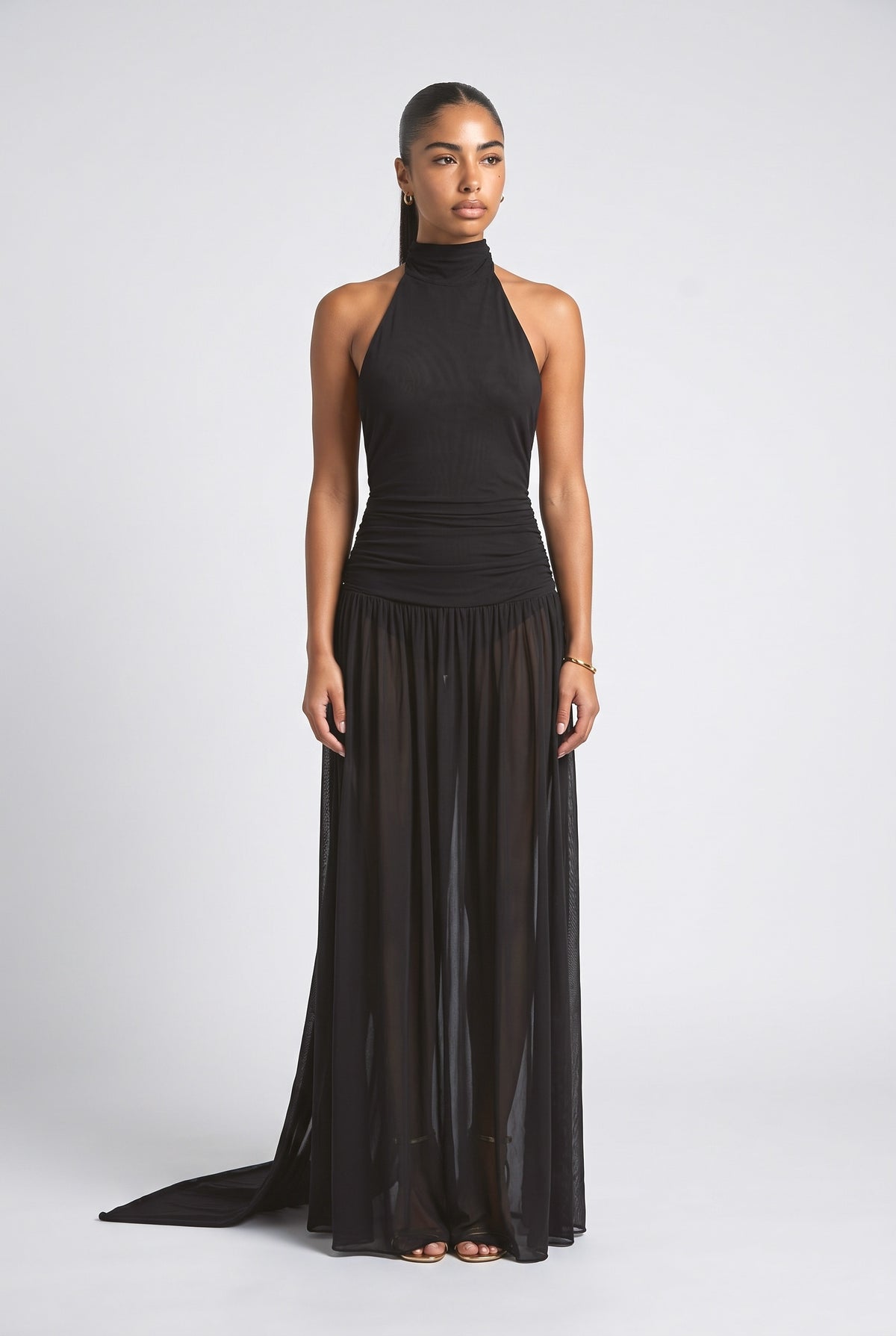 Mesh Halter Neck Ruffle Maxi Dress, black