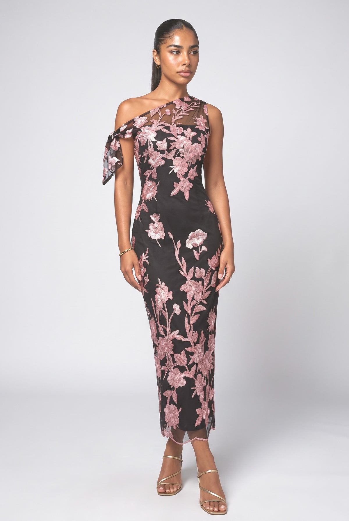 Floral One-Shoulder Maxi Dress, black