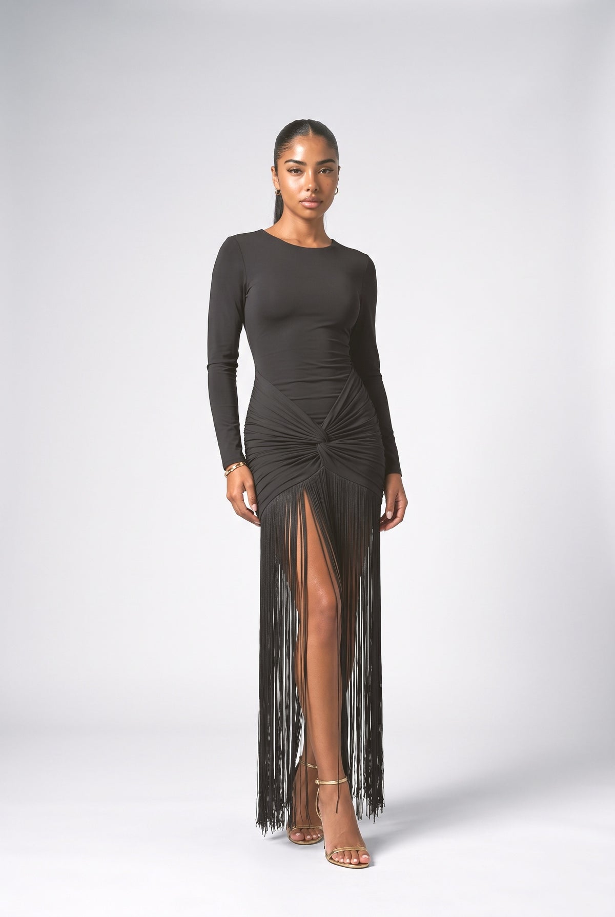 Ruched Twist Fringe Maxi Dress, black
