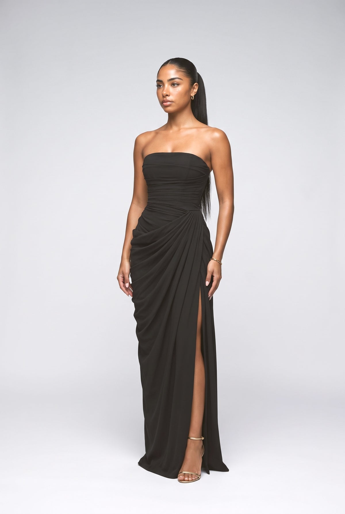 Strapless Pleated Maxi Dress, black