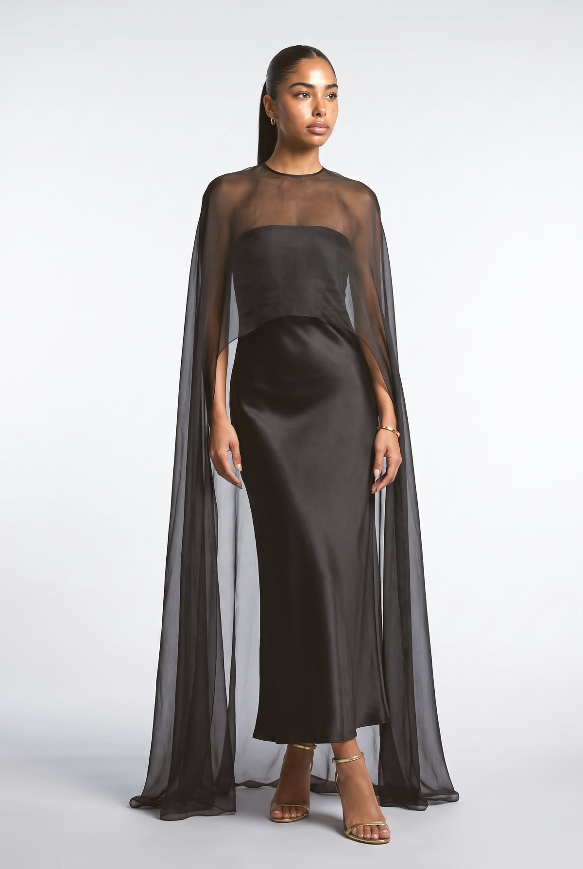 Sheer Cape Overlay Satin Maxi Dress, black