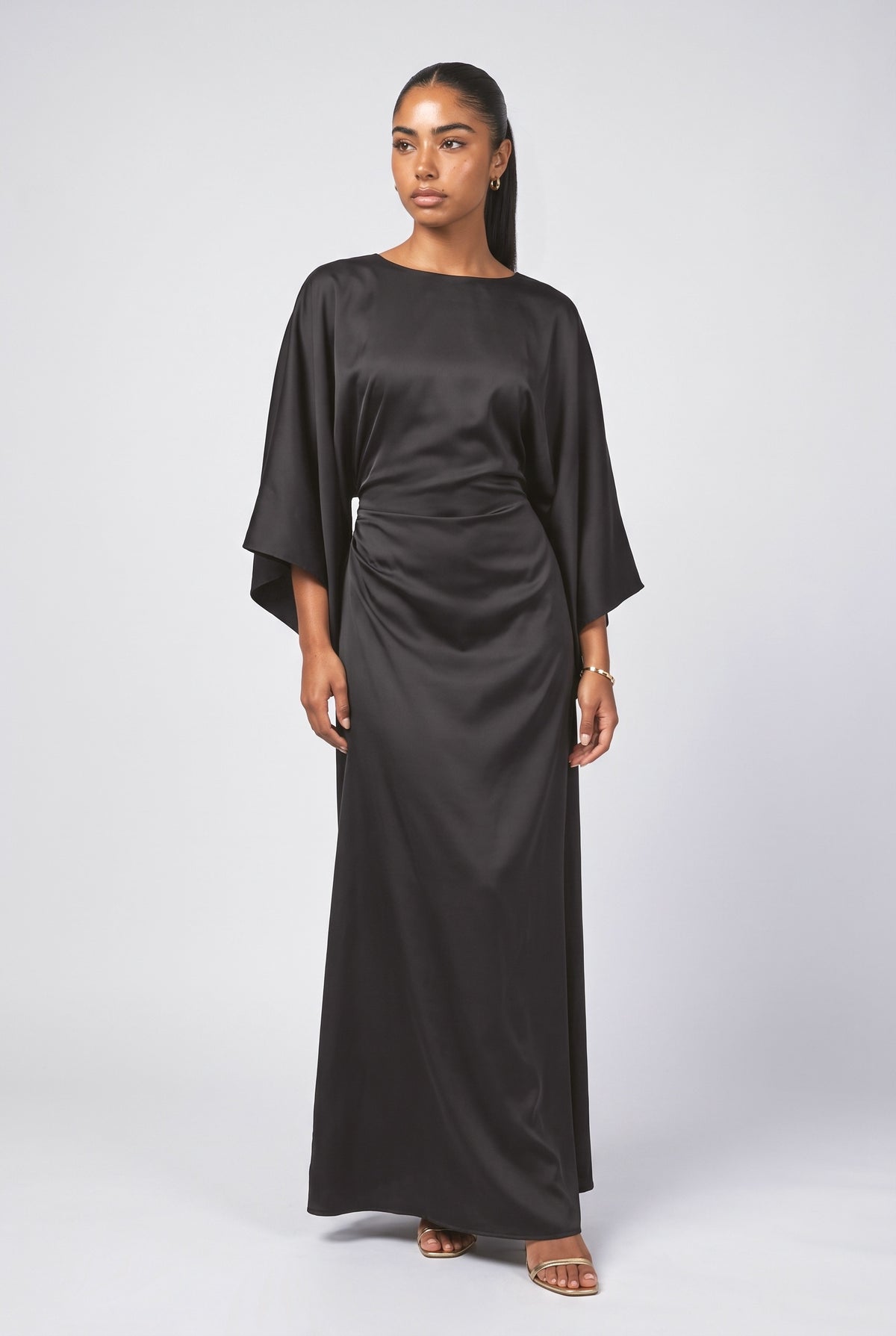 Black Satin Batwing Sleeve Pleated Maxi Dress, black