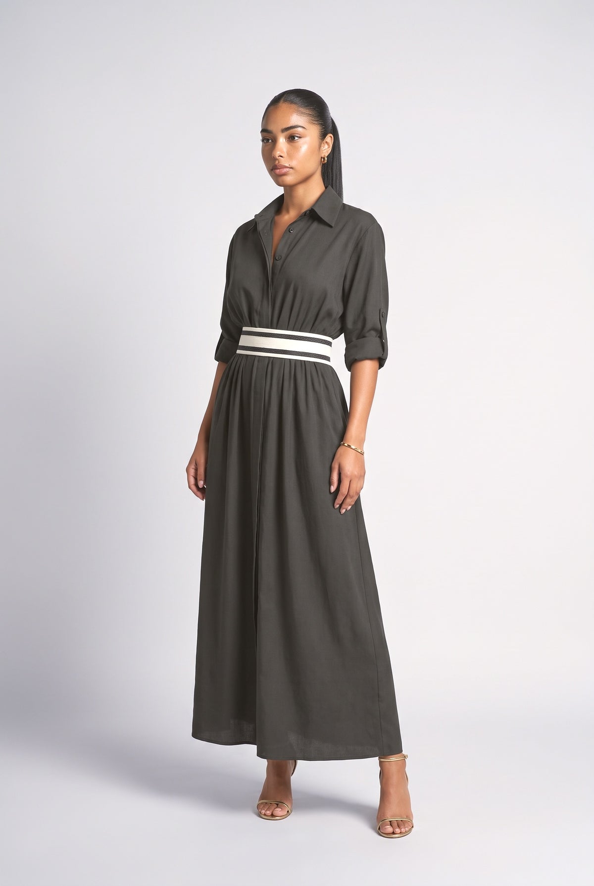 Collared Single-Breasted Waist-Drawn Maxi Dress, black