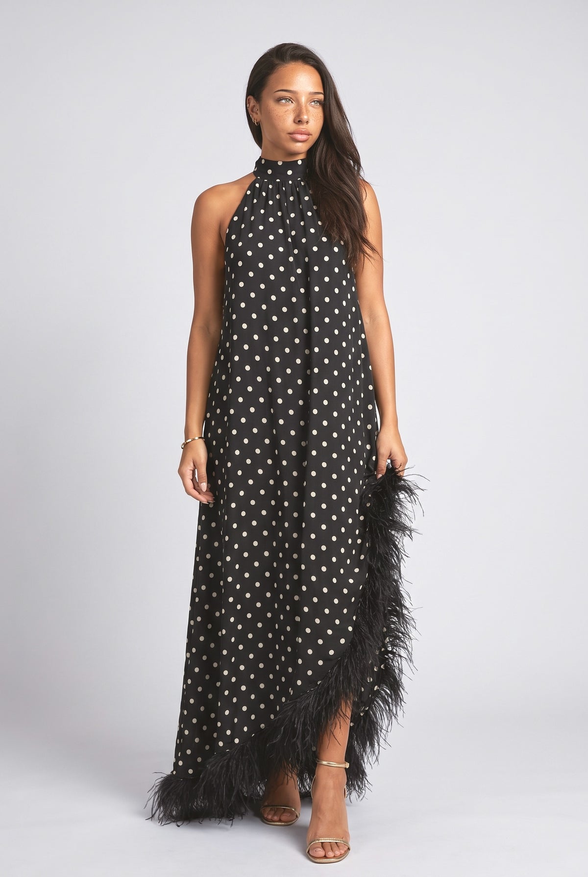 Black Polka Dot Halter Neck Feather Trim Maxi Dress, black