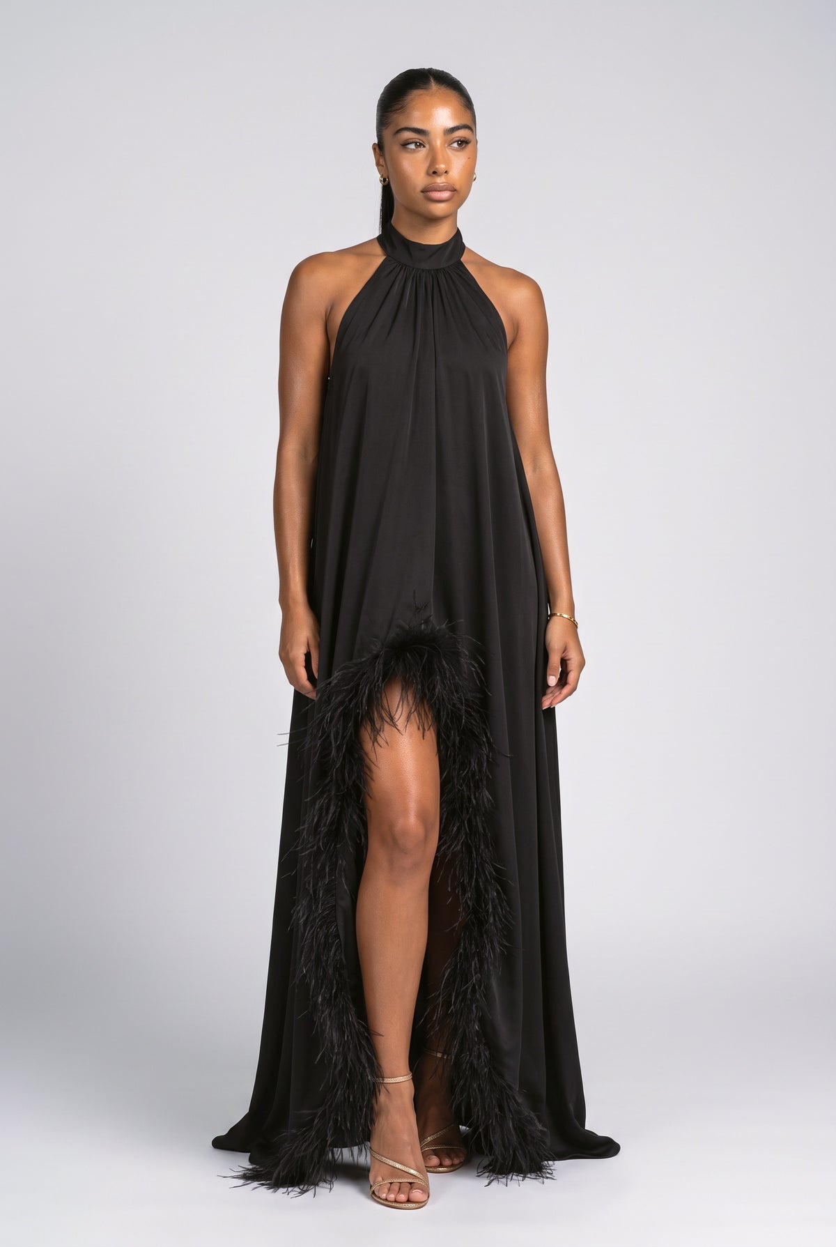 Satin Halter Neck Sleeveless Feather Trim Maxi Dress, black