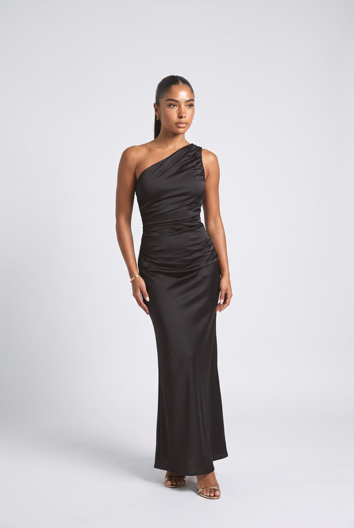 Satin One-Shoulder Ruched Maxi Dress, black