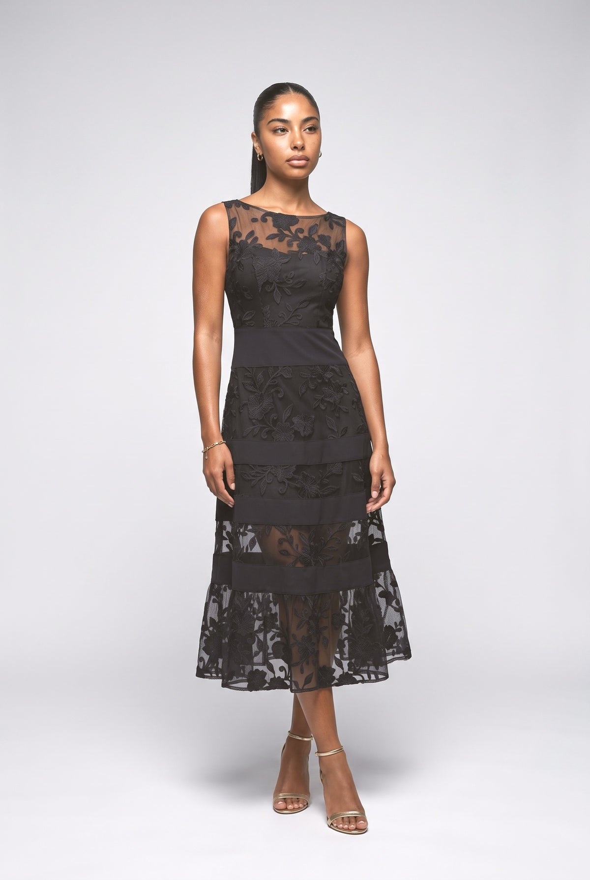 Floral Sheer Midi Dress, black