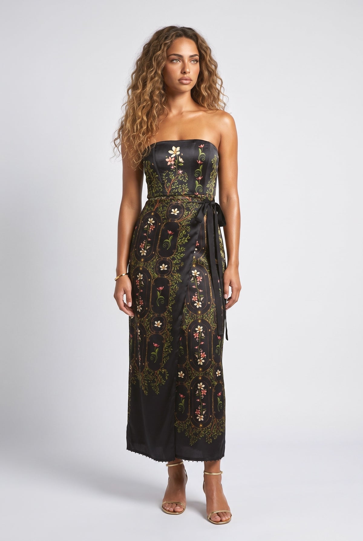 Black Print Satin Maxi Dress, black