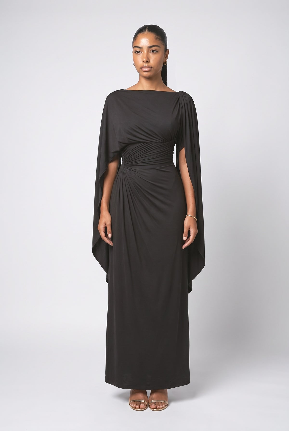 Boat Neck Pleated Slim Fit Maxi Dress, black