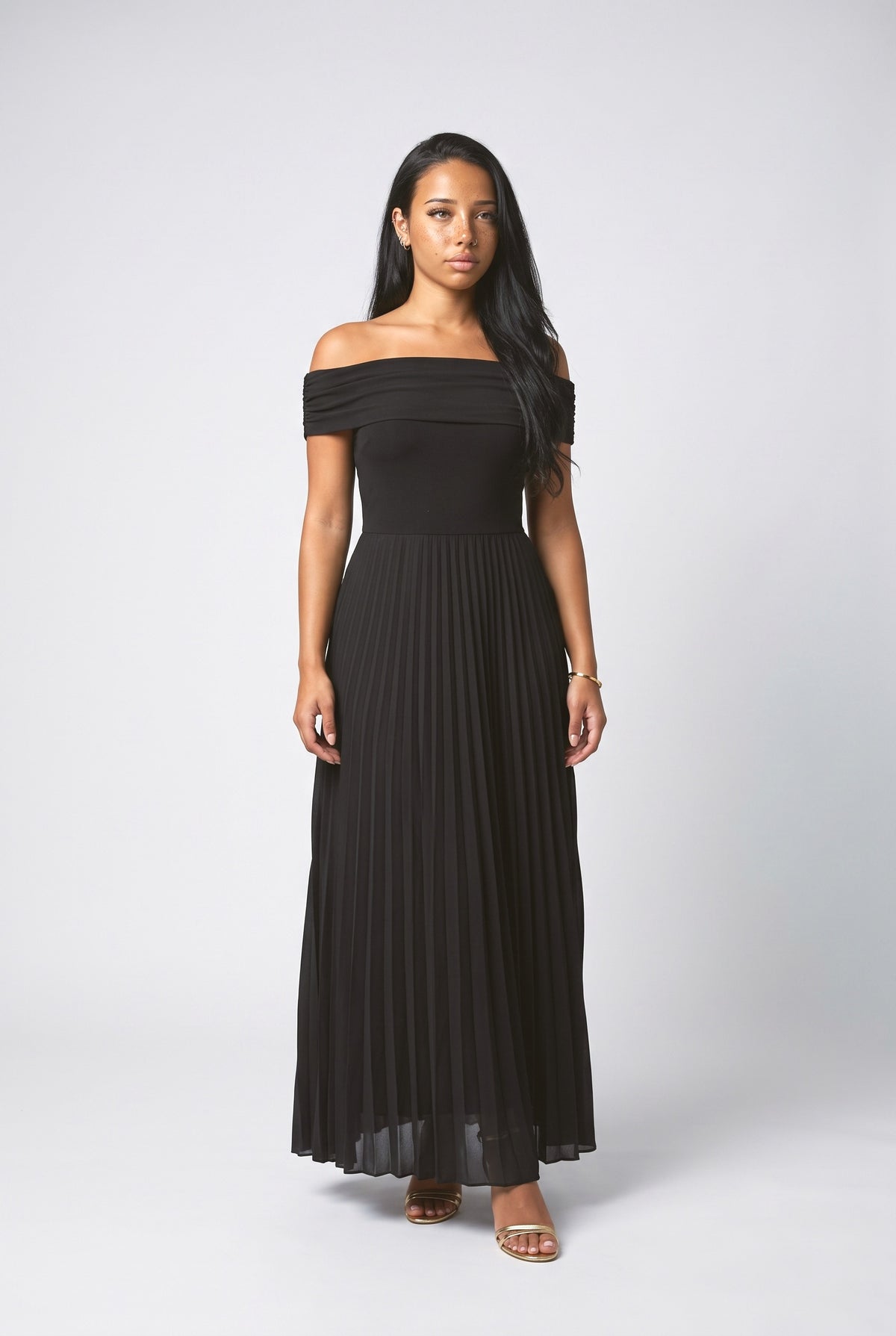 Black Off-Shoulder Pleated Maxi Dress, black