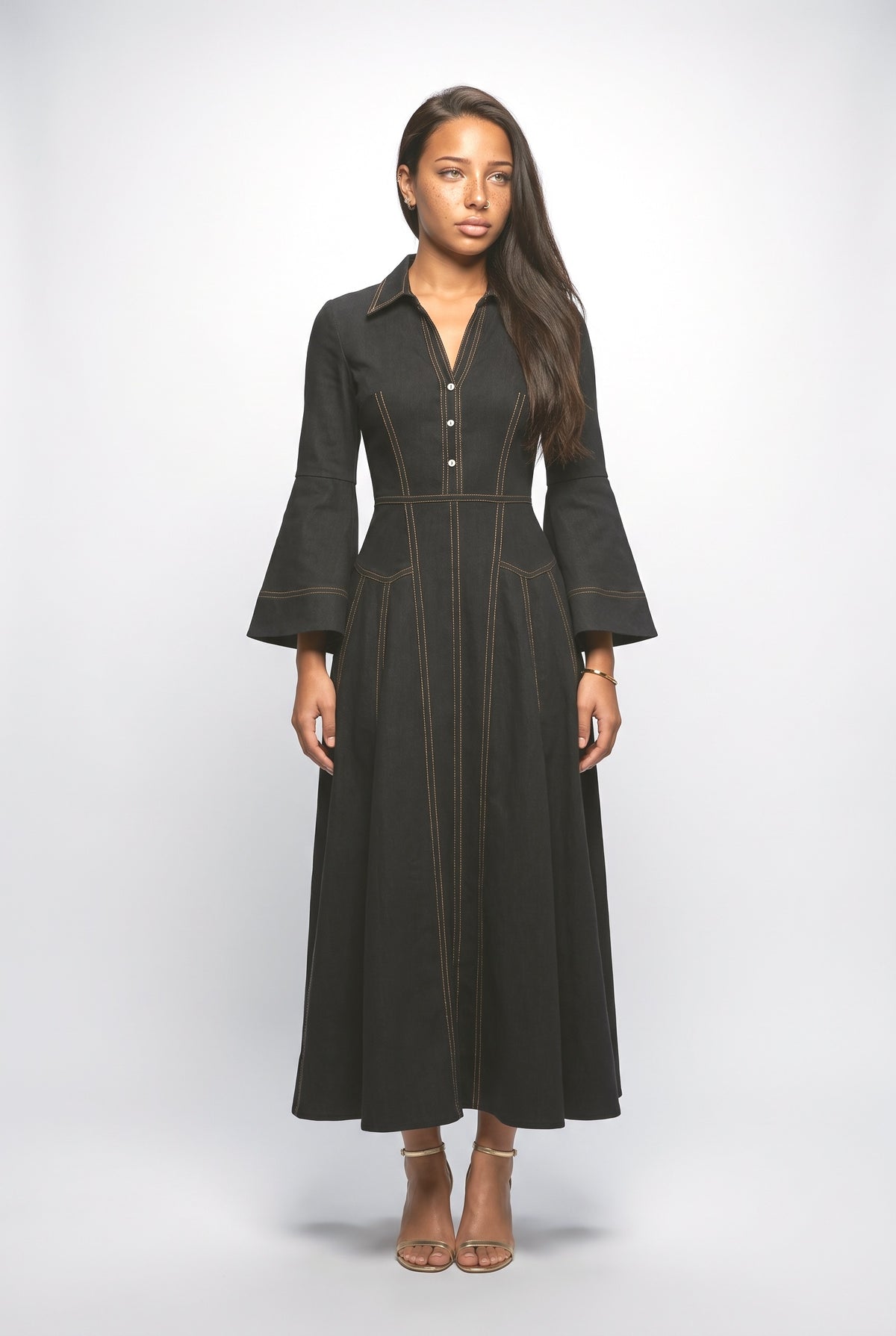 Contrast Stitching Lapel Maxi Dress, black