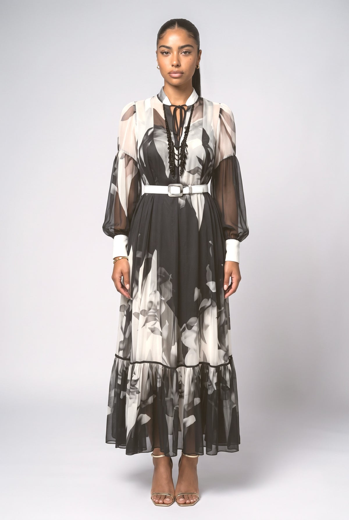 Floral Chiffon Maxi Dress, black