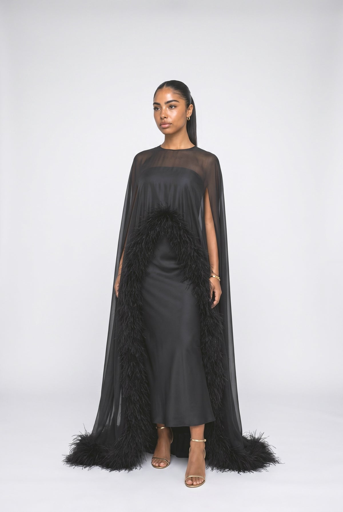 Satin Feather Trim Maxi Dress, black