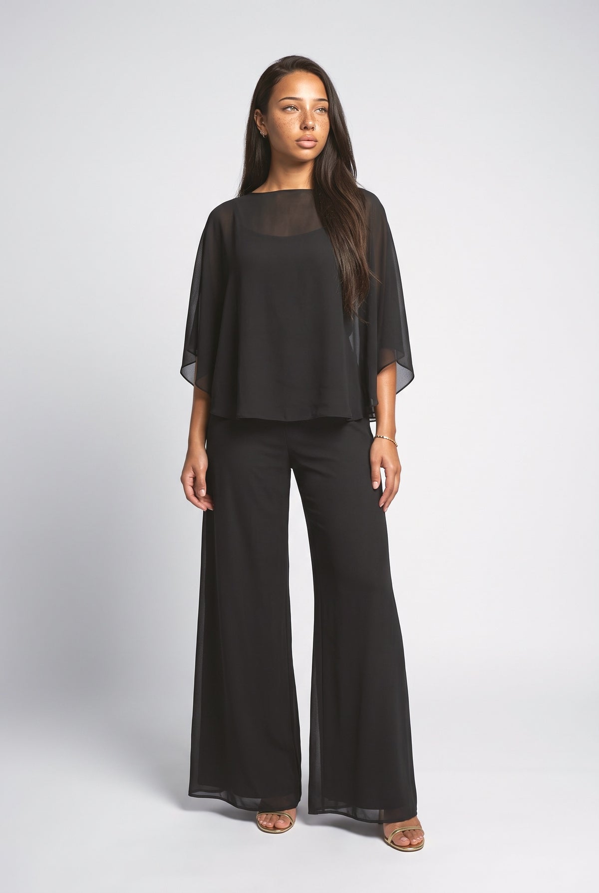 Chiffon Cape Top & Wide-Leg Pants Two-Piece Set, black