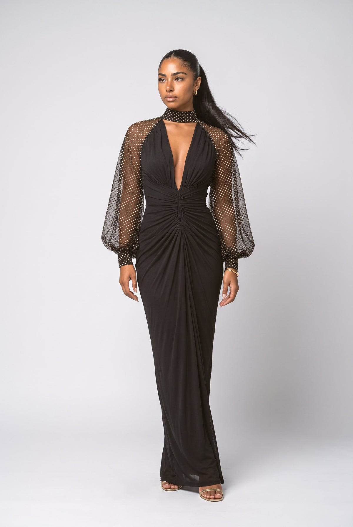 Black Polka Dot Mesh Ruched Maxi Dress, black