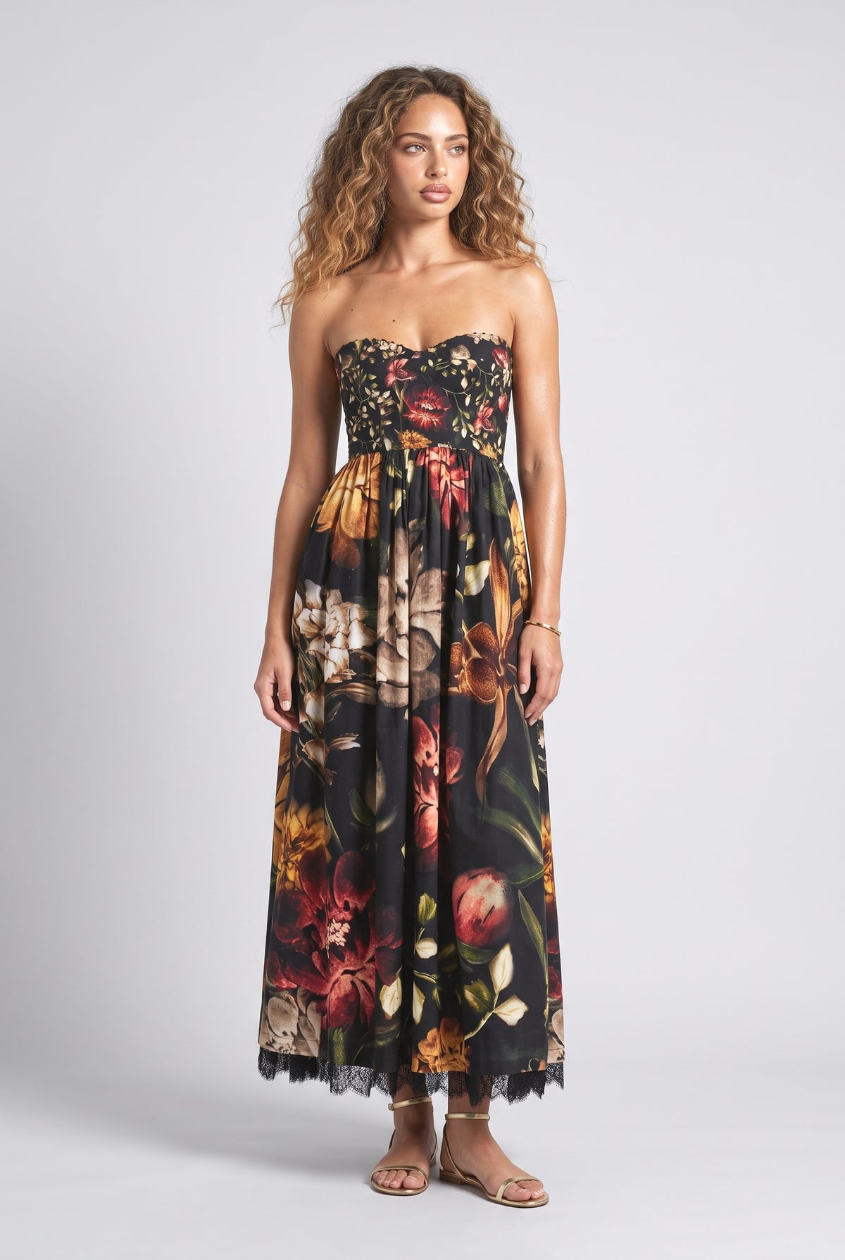 Black Print Lace Strapless Pleated Midi Dress, black