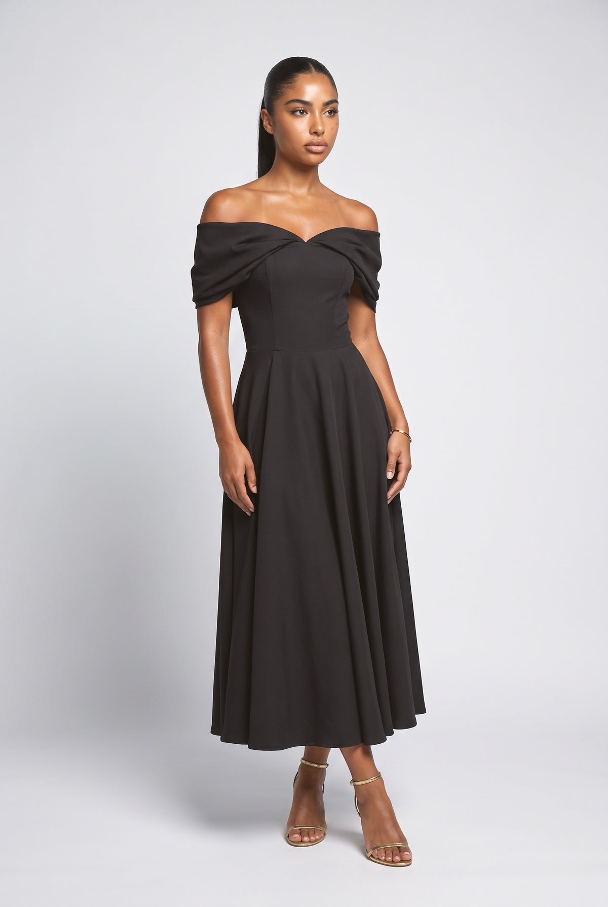 Off-Shoulder Draped Maxi Dress, black