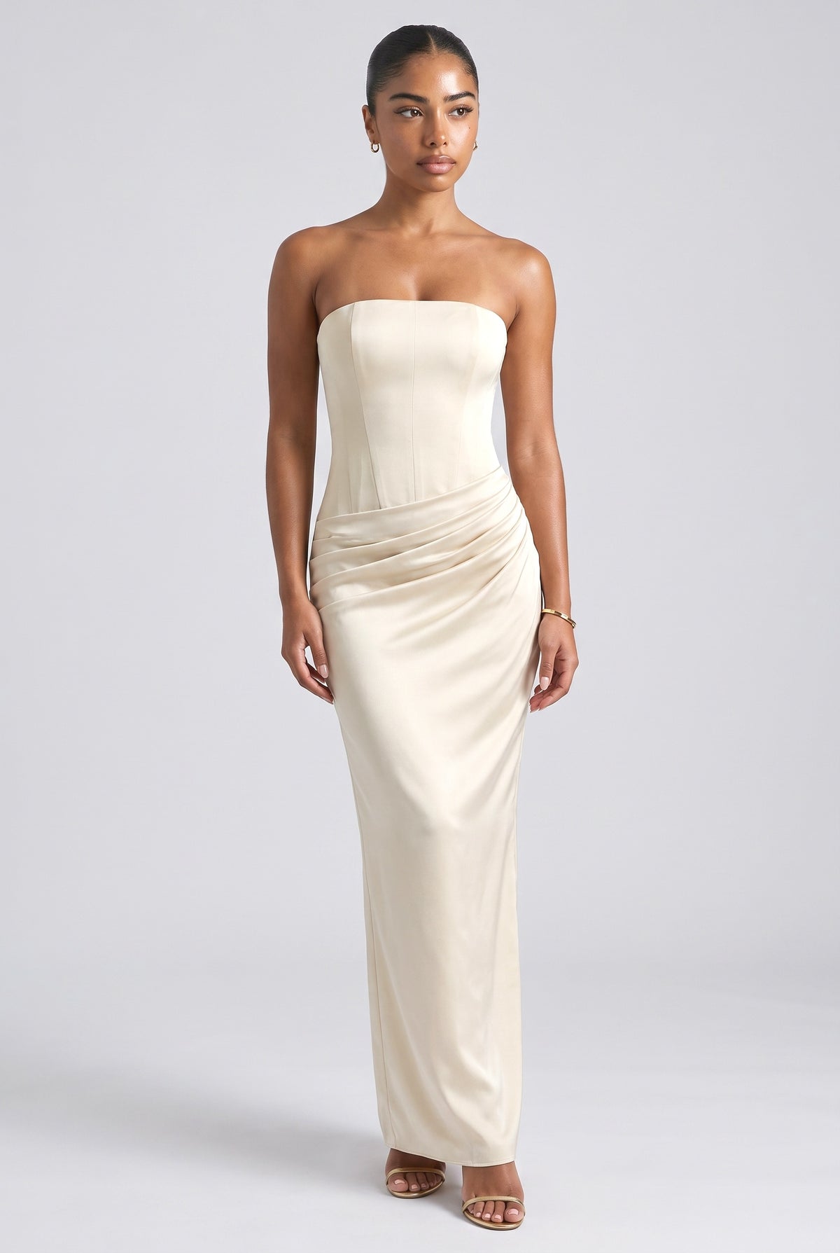 Satin Strapless Draped Maxi Dress, black